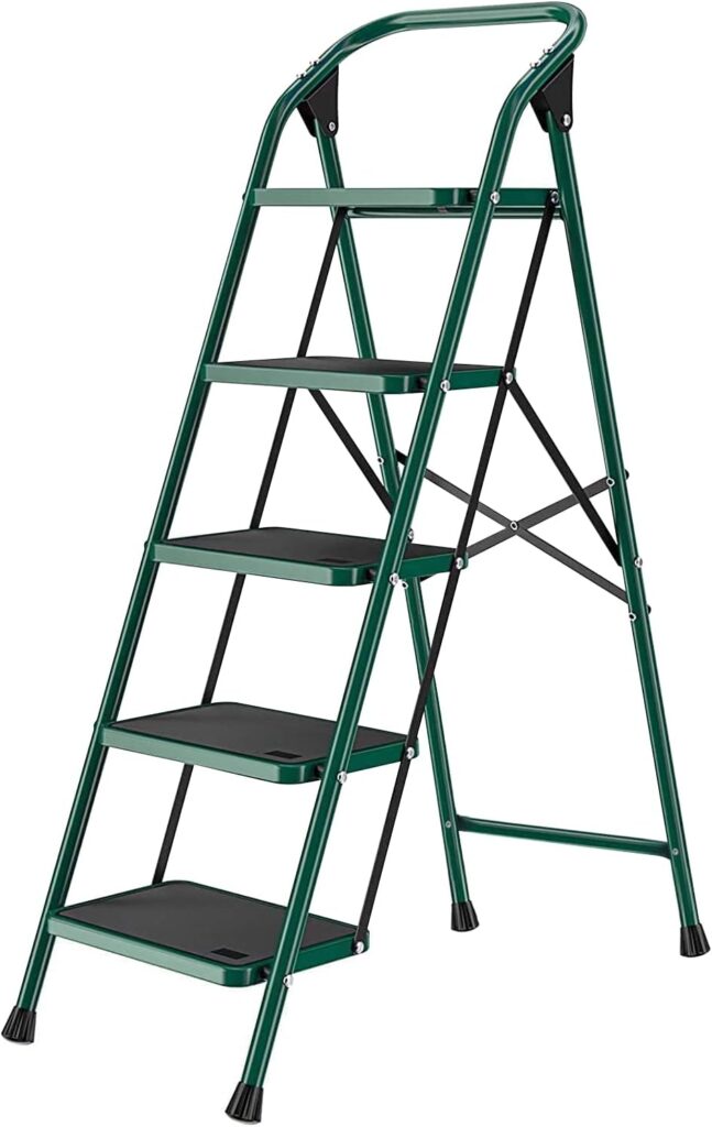 5 Step Ladder, Folding Step Stool w/Non-Slip Rubber Feet, 330lbs Load Sturdy Steel Foldable Ladders, Lightweight Portable Stool Stairs, Multi-use Ladder Stand for Household and Office