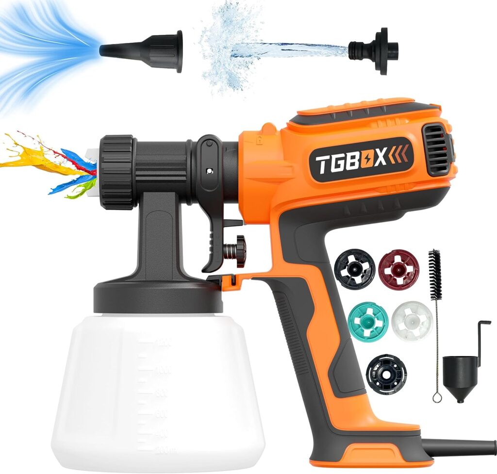 TGBOX Paint Sprayer, 700W Spray Gun with Cleaning  Blowing Joints, 4 Nozzles and 3 Patterns, HVLP Spray Paint Gun for Home Interior and Exterior，Furniture, Car, Fence, Walls, Door, etc.