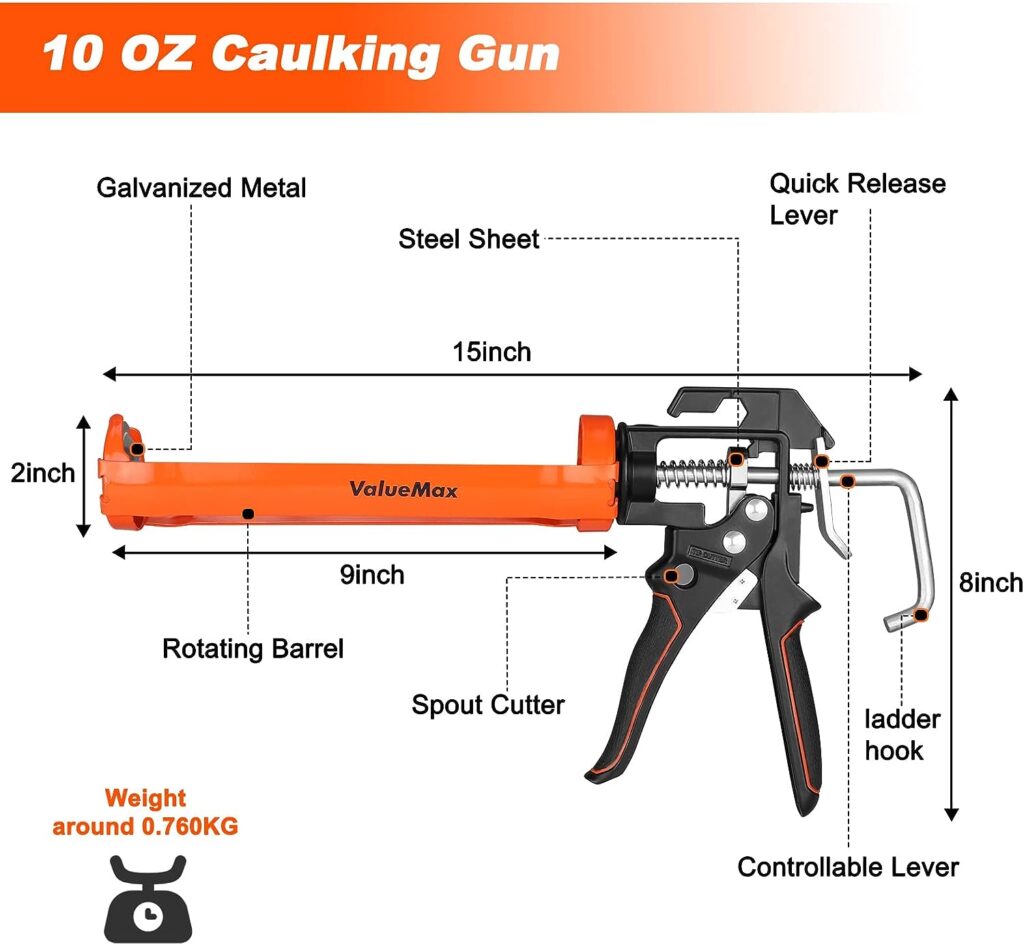 ValueMax Caulk Gun, 9 Inch Silicone Sealant Caulk Gun for Caulking/Filling/Sealing, Trigger Comfort Grip and Iron Smooth Rod, Ideal for Tiles, Window Joints, 8:1 Thrust Ratio